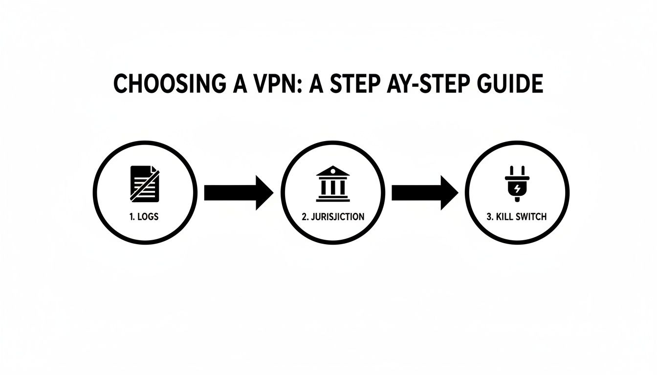 A step-by-step guide on choosing a VPN, focusing on logs, jurisdiction, and kill switch.