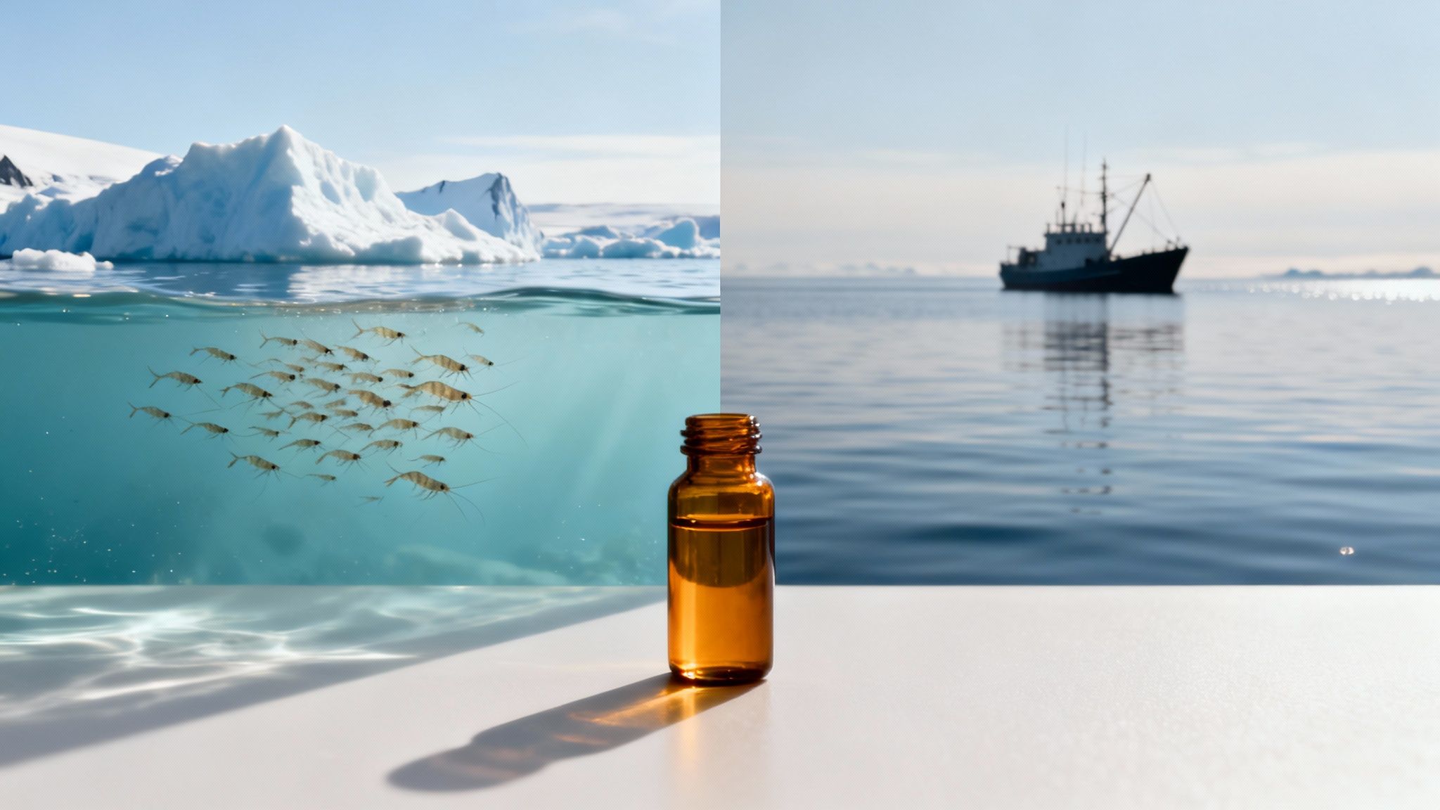 Krill swim beneath icebergs, a fishing boat on the sea, and a bottle of krill oil.