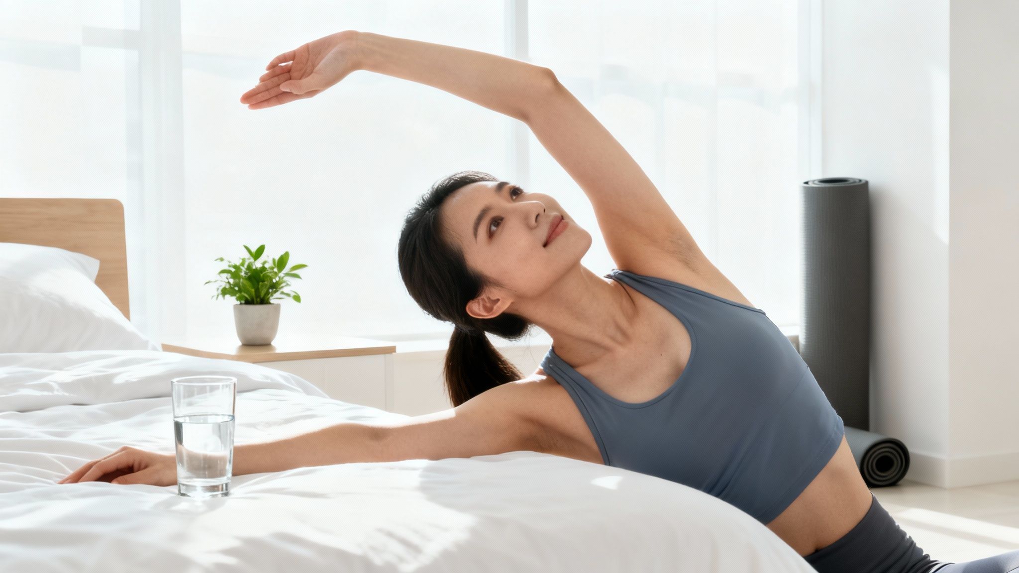 Young woman stretching on a bed in bright sunlight, with a yoga mat and plant nearby.