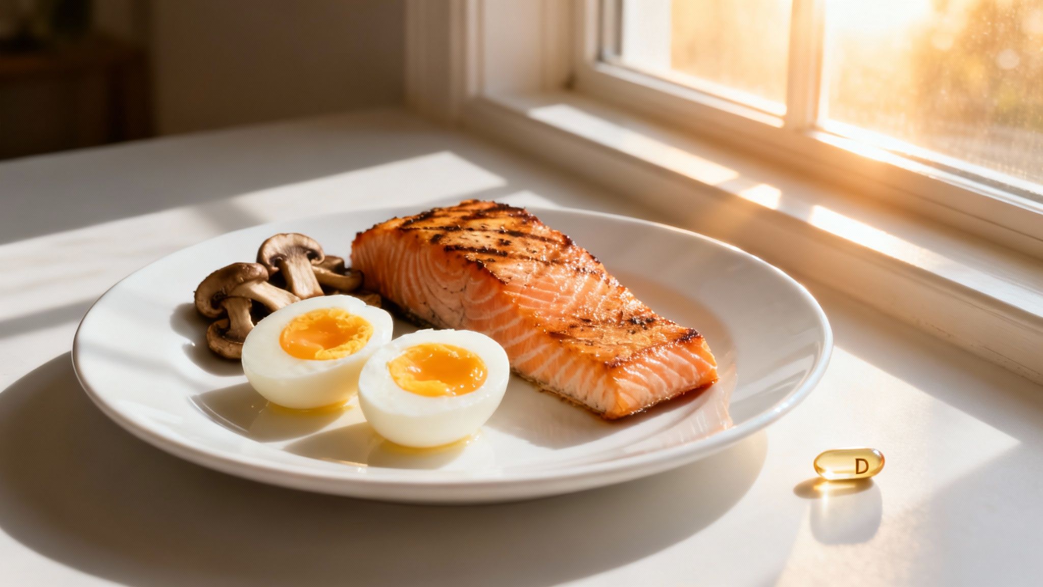 Healthy meal with grilled salmon, eggs, mushrooms, and a vitamin D capsule by a window.