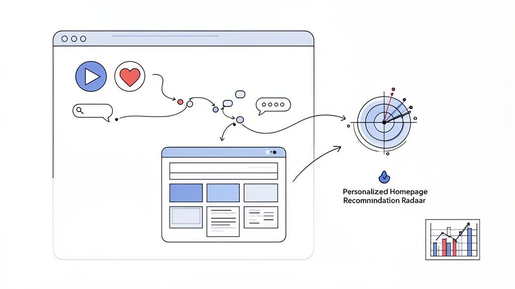 Diagram showing user interactions like play, like, search, and chat feeding into a personalized recommendation system for a homepage.