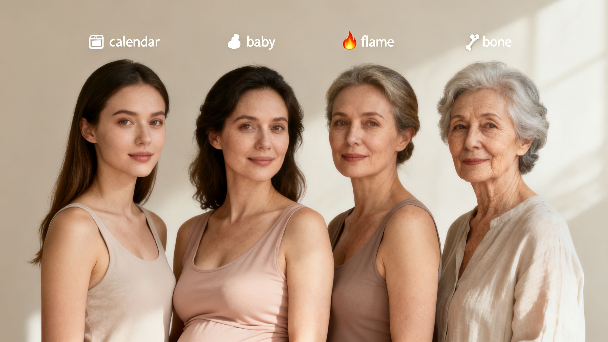 Four women of different ages, from young to elderly, representing various life stages.