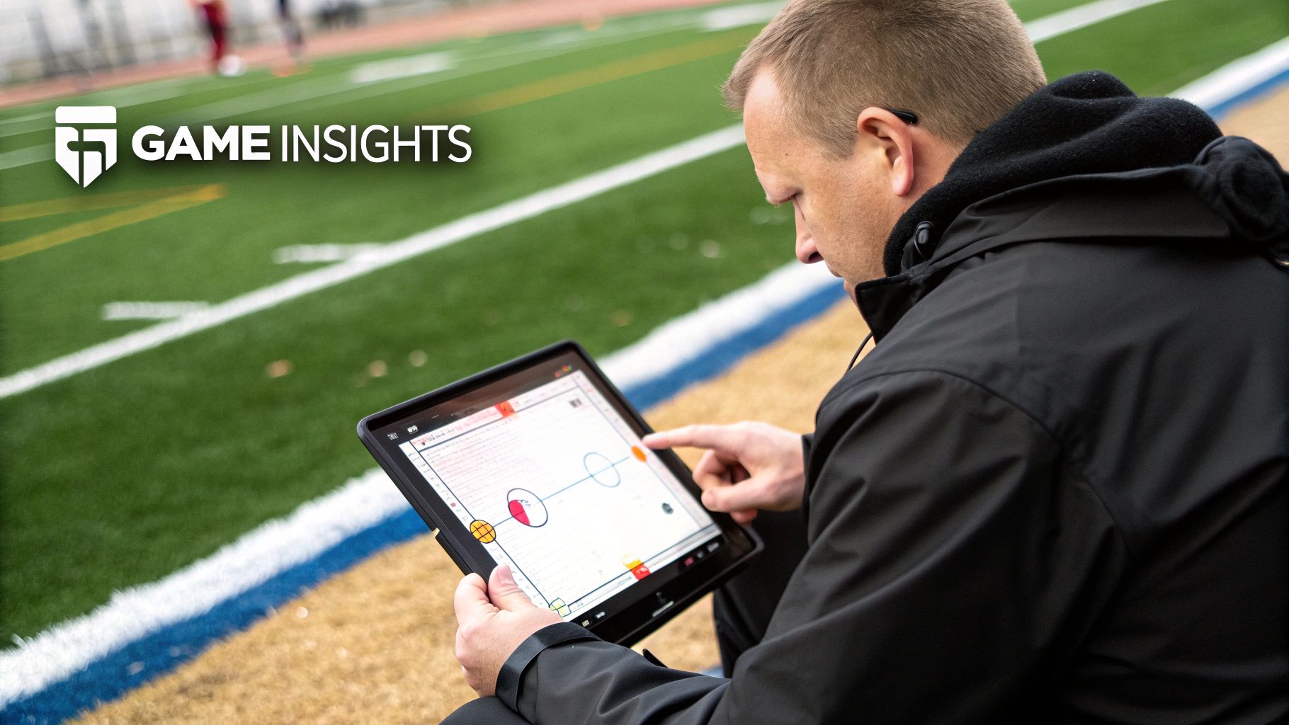 A coach analyzes game insights on a tablet with player movements on a sports field.