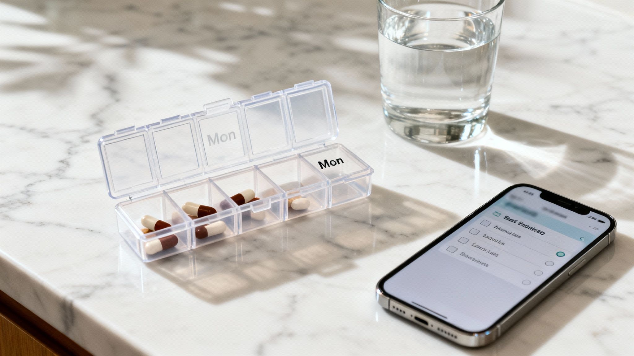 A clear pill organizer with capsules, a water glass, and a smartphone on a white marble counter.