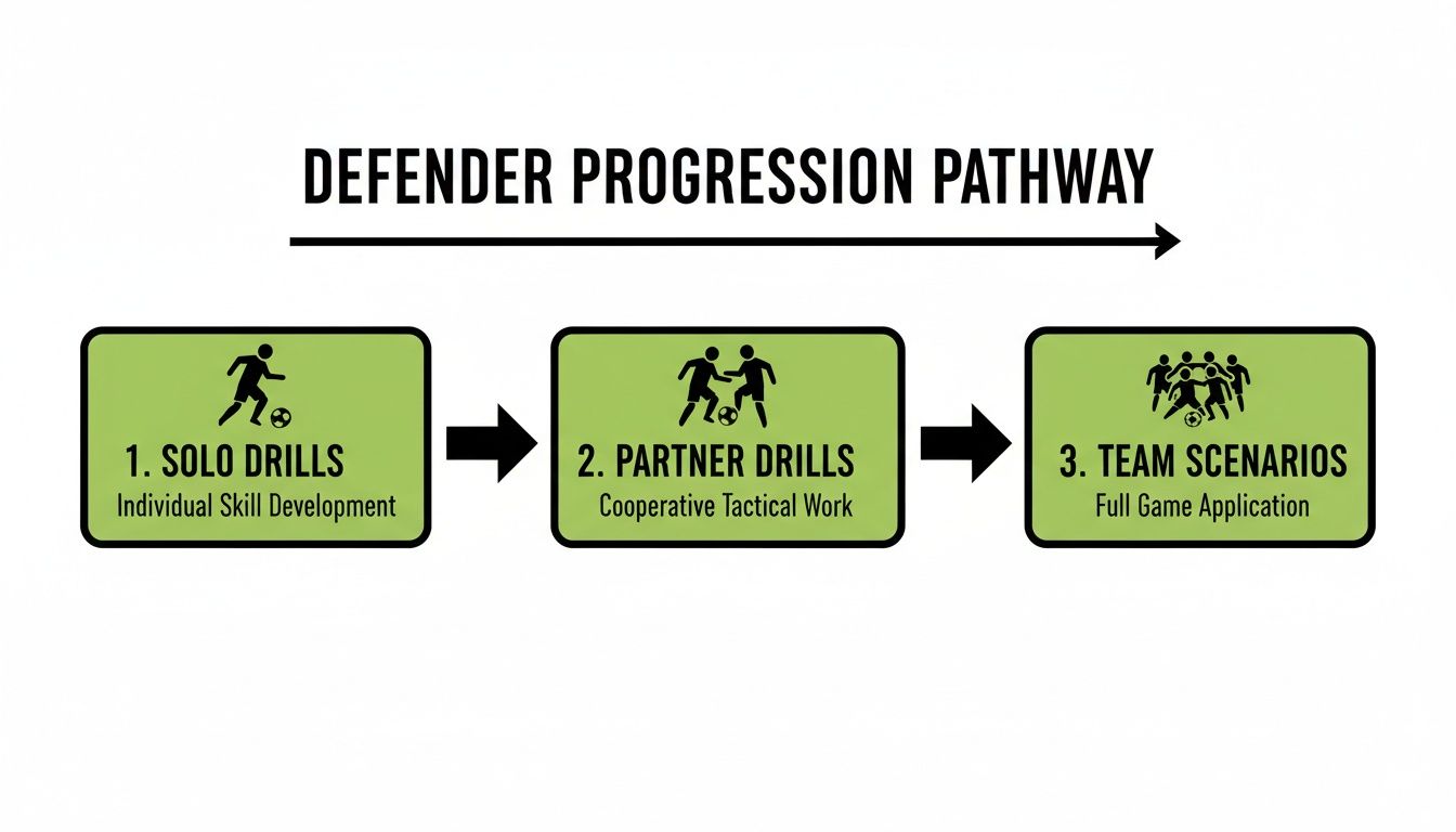 A graphic showing a defender progression pathway for soccer drills: solo, partner, and team scenarios.