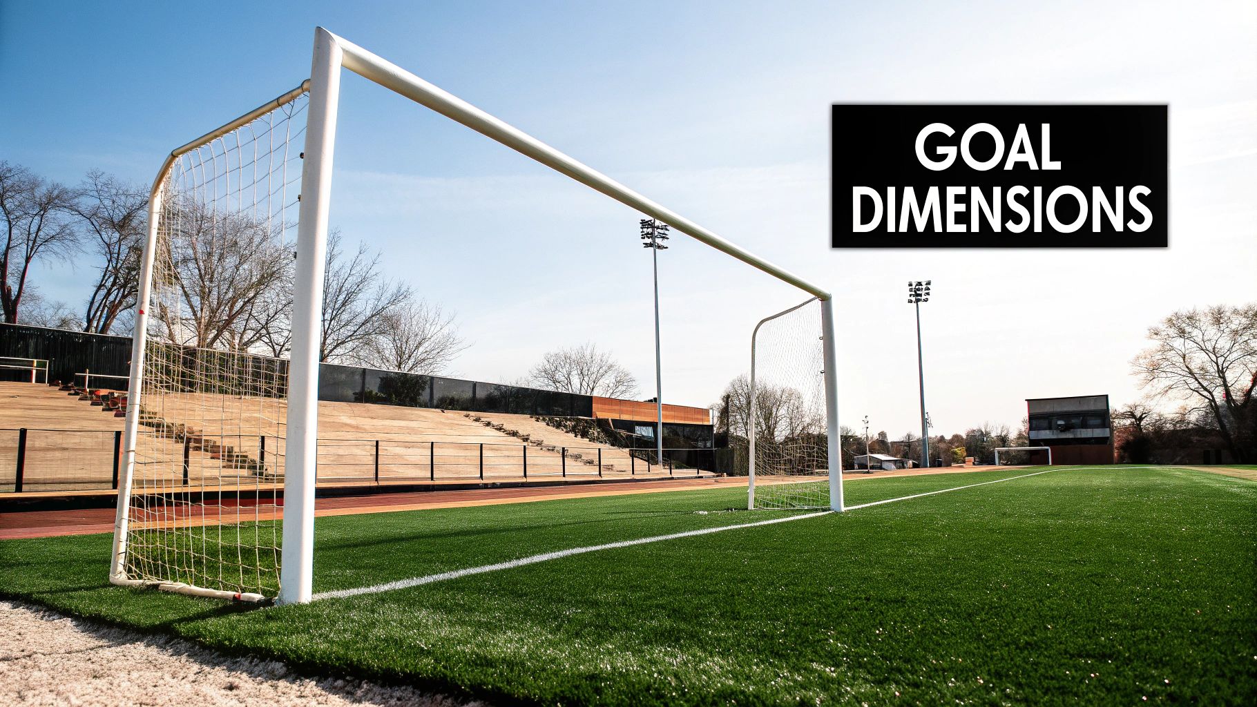 A professional full-size football goal on a pristine green pitch