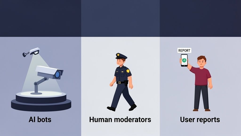 Illustration showing AI bots (CCTV), human moderators (police officer), and user reports for content moderation.