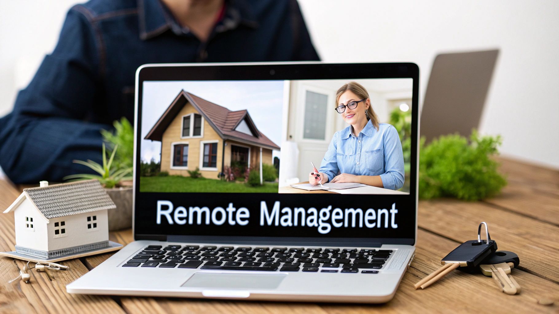 A laptop displays remote property management, featuring a house, a woman on video call, and house keys.