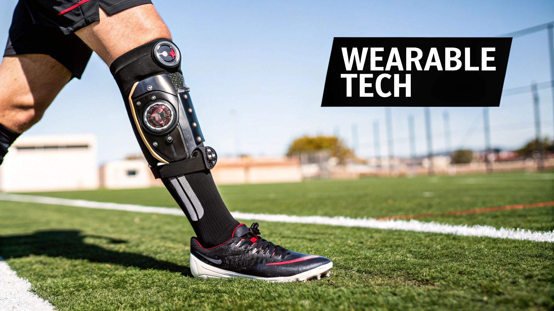 A footballer wearing smart shin guards while kicking a ball on a pitch