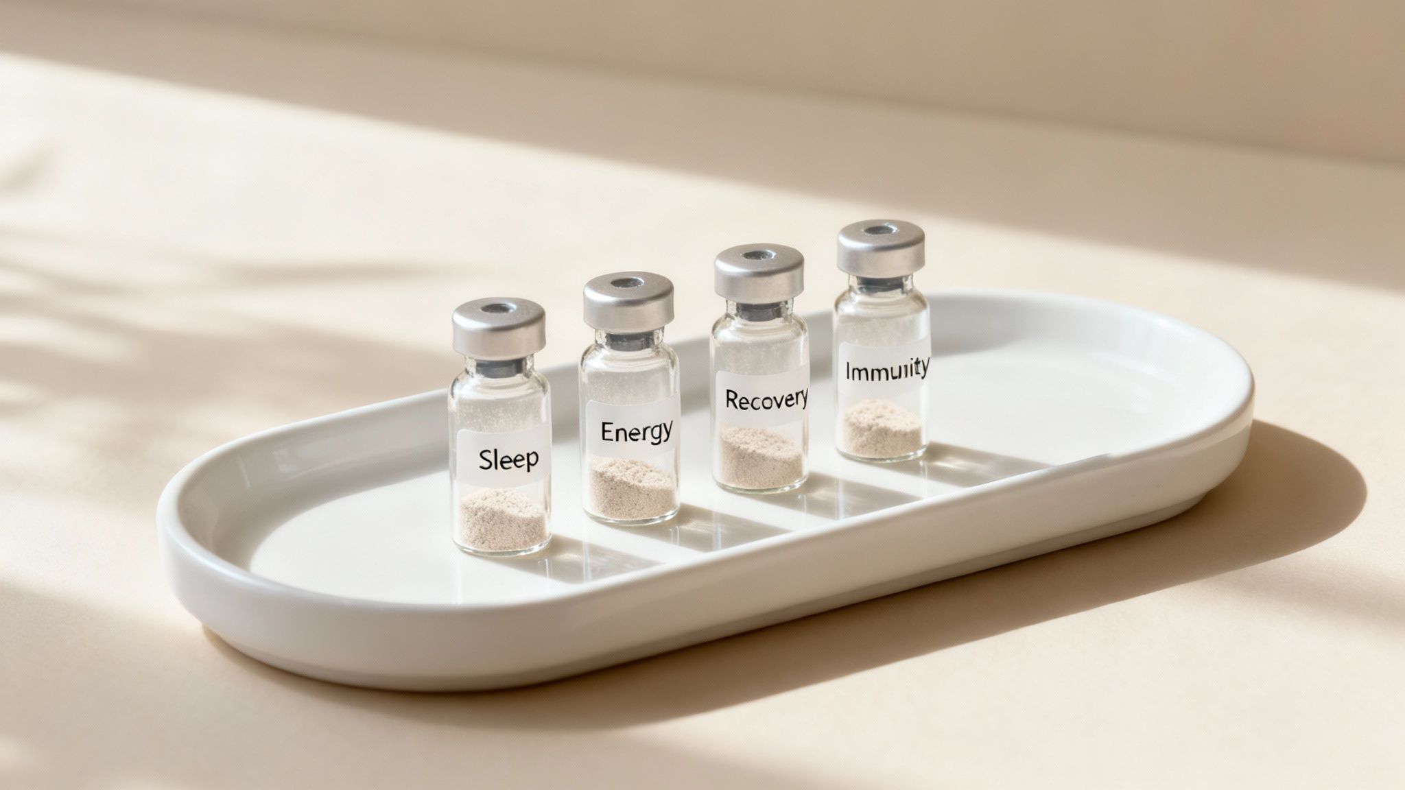 Small glass vials with powder labeled 'Sleep', 'Energy', 'Recovery', and 'Immunity' on a white tray.