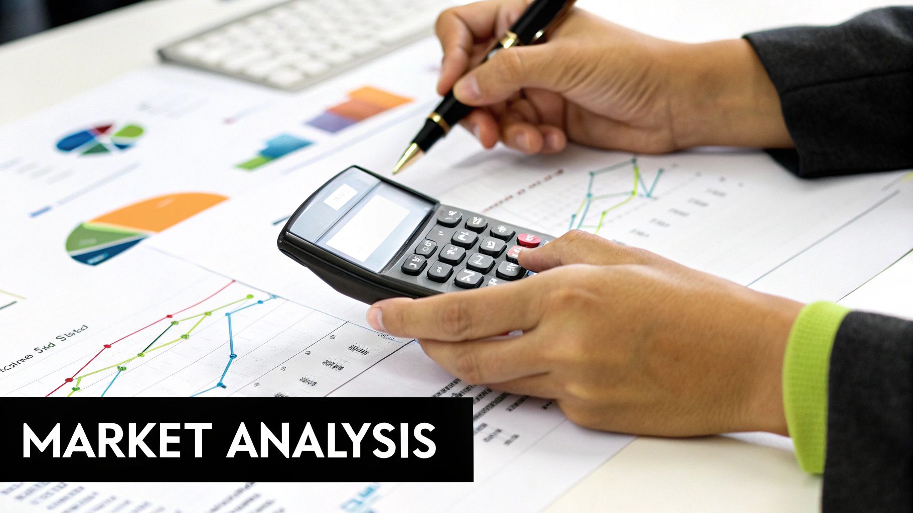 Hands using a calculator and pen to analyze financial charts and graphs on a table.