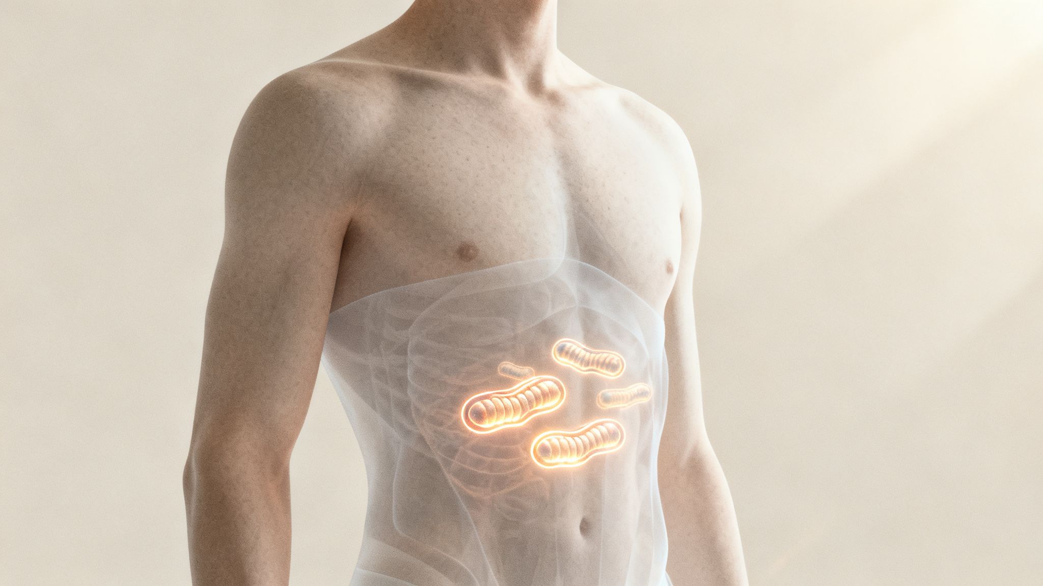 A male torso shows internal glowing bacteria-like structures in the abdomen, representing gut health.