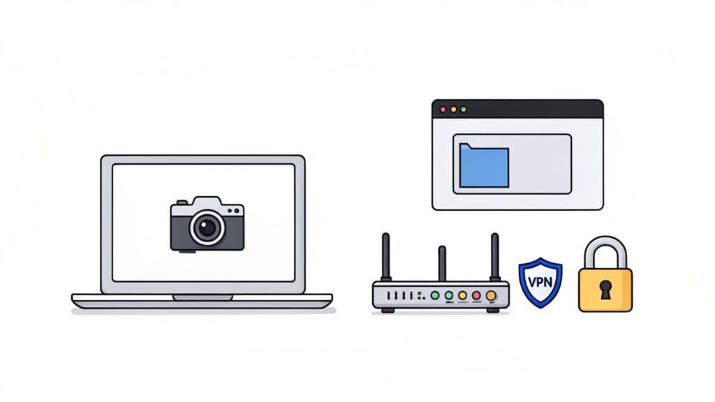 Flat design illustration of digital privacy elements: laptop with camera, router, VPN, padlock, and folder.