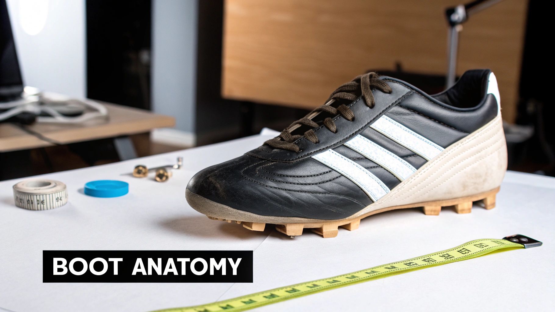 A black and white vintage football boot with wooden studs sits on a white table with a measuring tape.