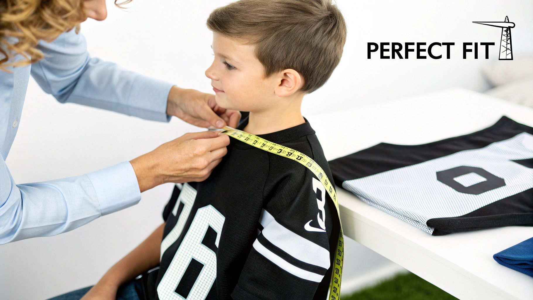 A woman measures a young boy's shoulder for a perfect fit, wearing a football jersey.