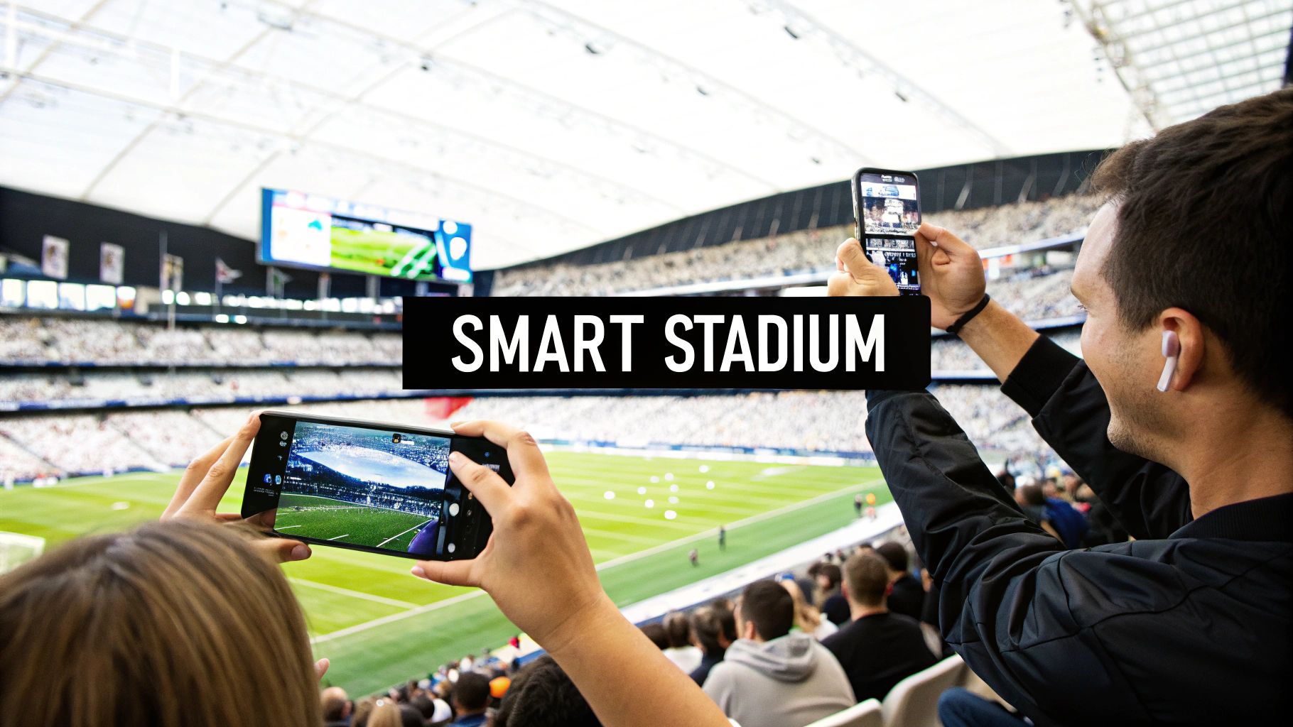 Fans in a modern football stadium interacting with technology