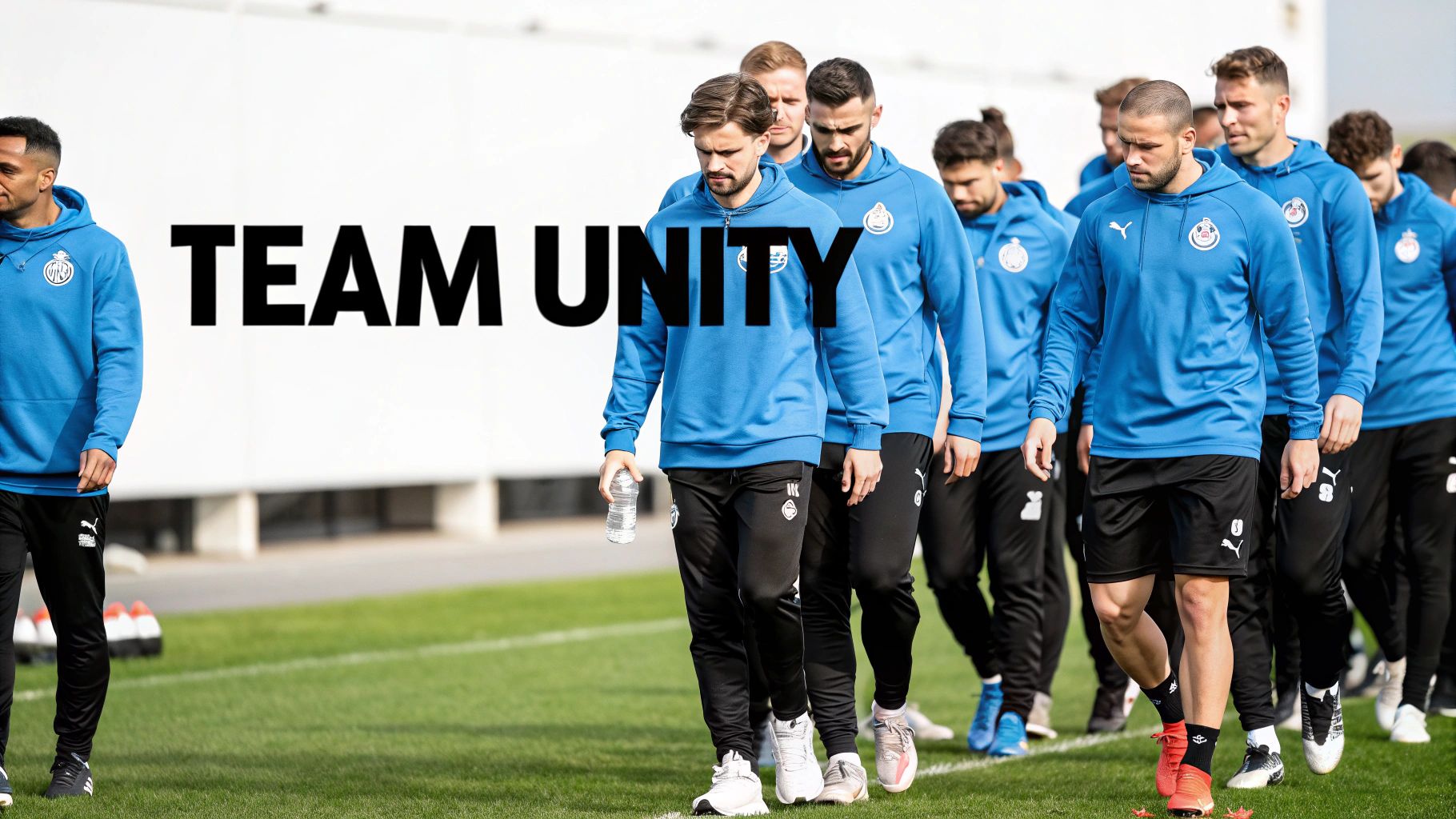 A group of male football players in blue hoodies and black training gear walking together on a green field.