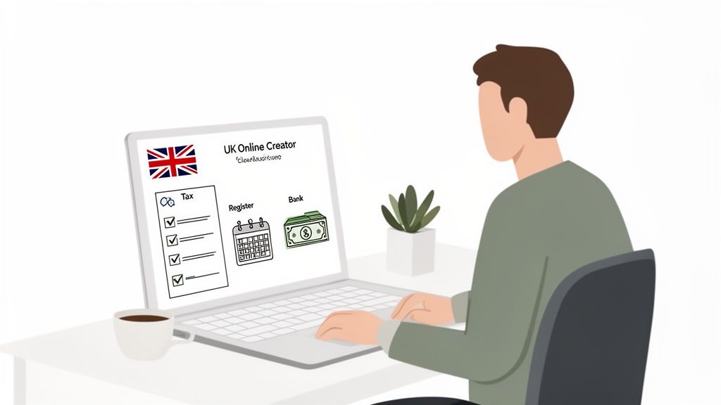Man on laptop with UK flag, showing steps for online creator tax, register, and bank.