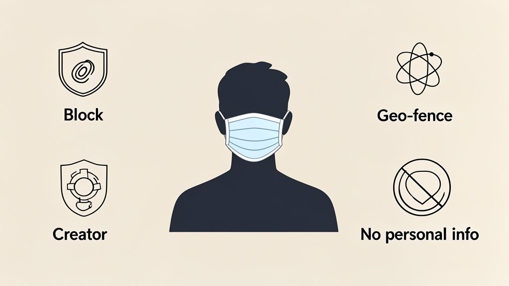 An illustration of a person wearing a face mask, surrounded by icons representing privacy and control features like block, creator, geo-fence, and no personal info.