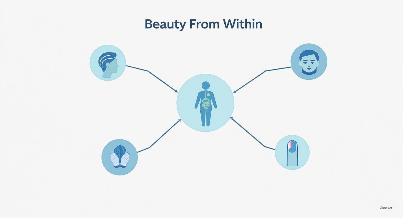 Infographic showing beauty from within concept with central body figure connected to hair, skin, nails, and gut health icons