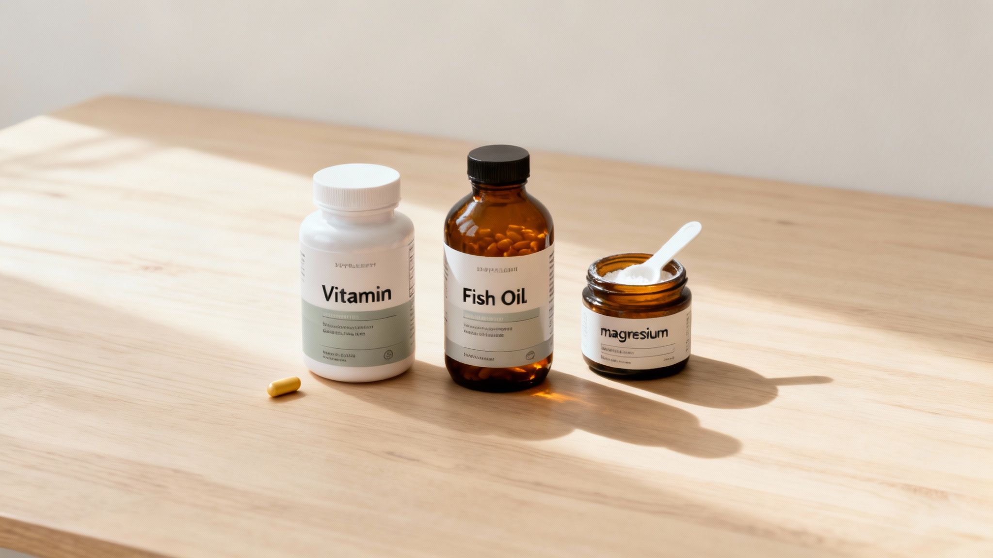 A collection of different supplements in jars and bowls.