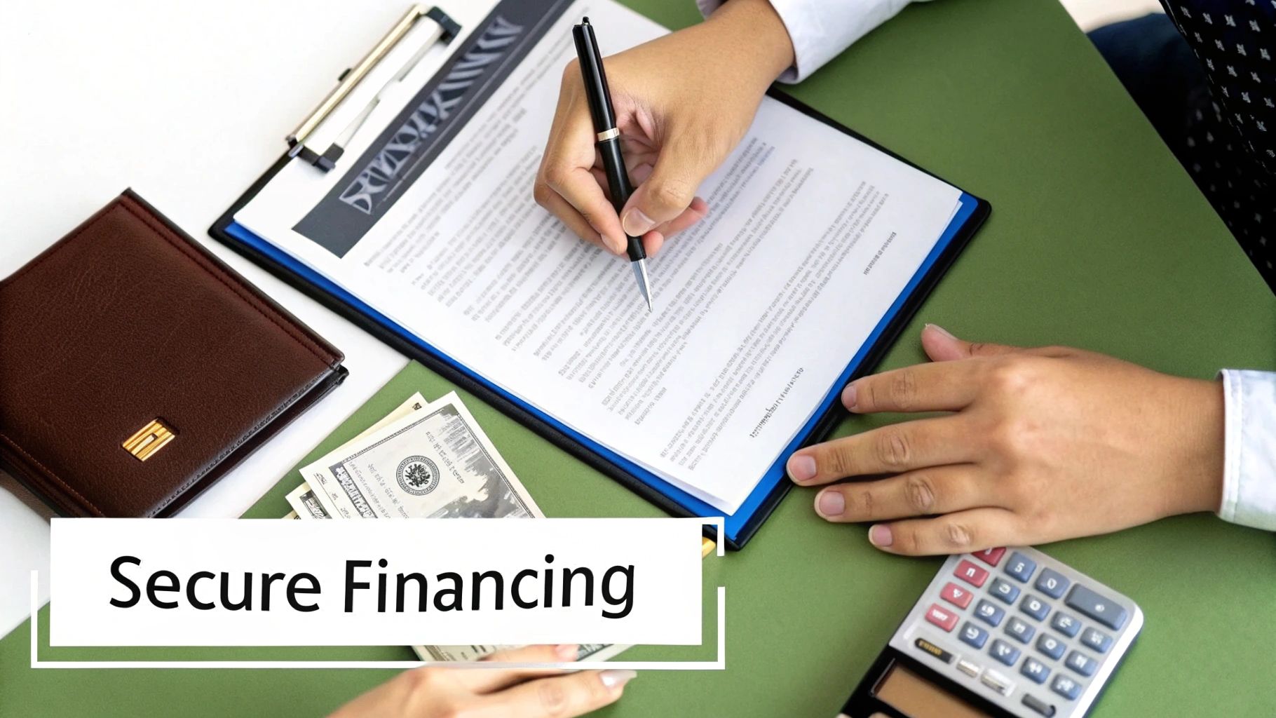 A person signs a financial document with money, a wallet, and a calculator on a green desk.