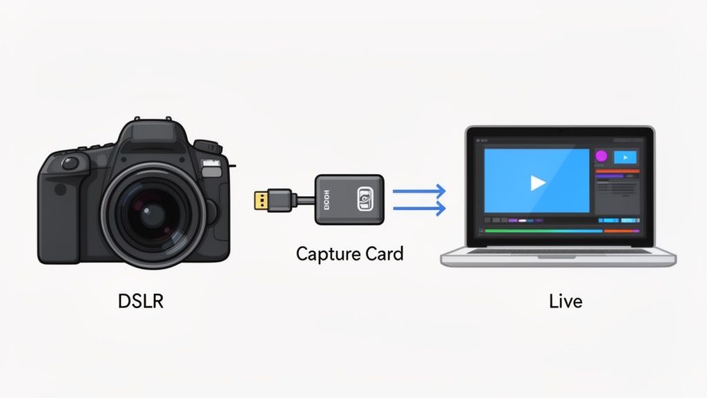 A DSLR camera connected to a capture card, sending live video signal to a laptop.
