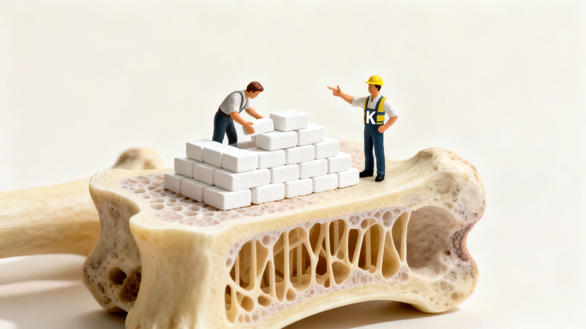 Miniature construction workers build a pyramid of blocks on a bone cross-section, symbolizing bone health.