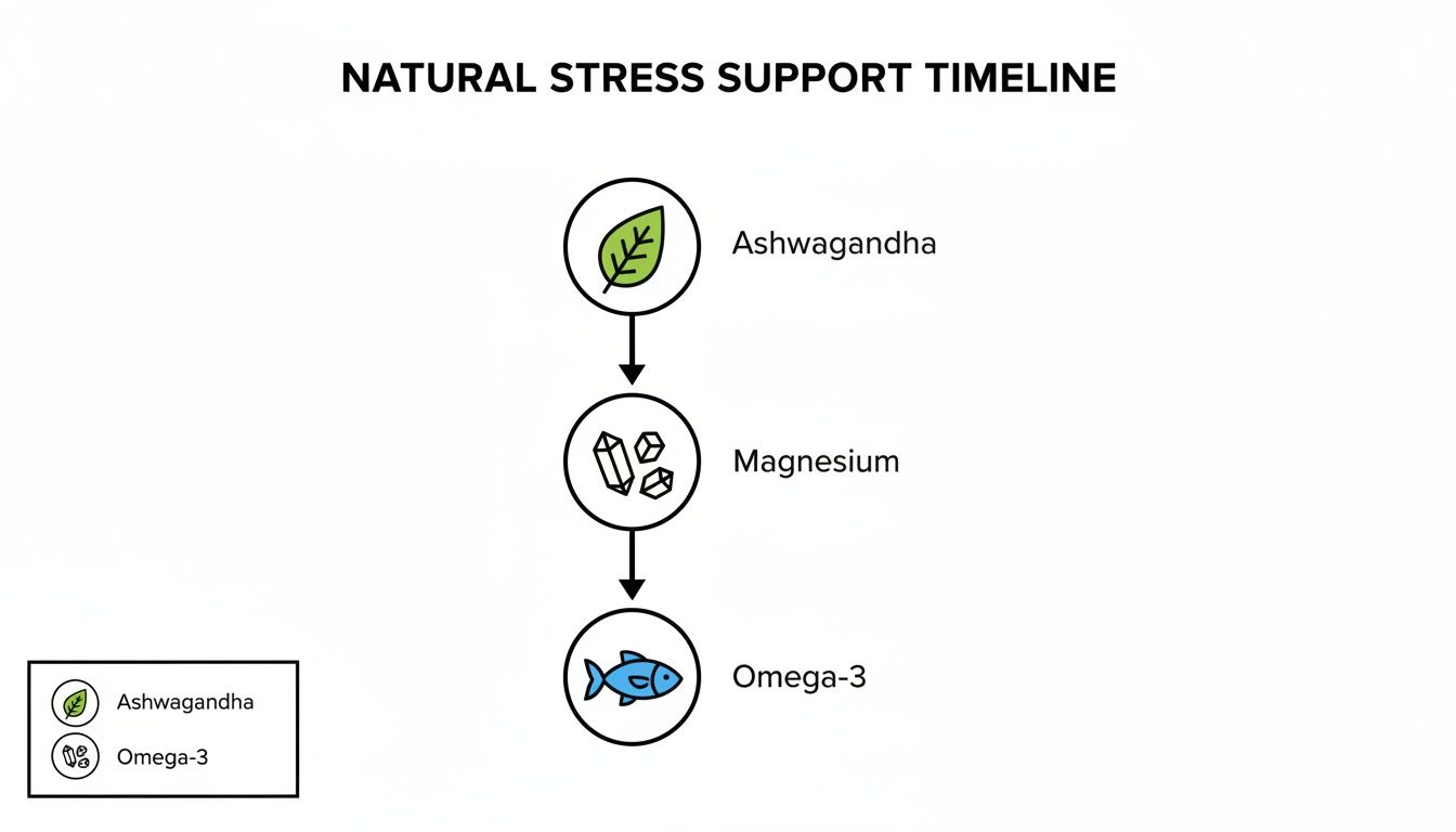 A natural stress support timeline illustrating Ashwagandha, Magnesium, and Omega-3 for stress reduction.