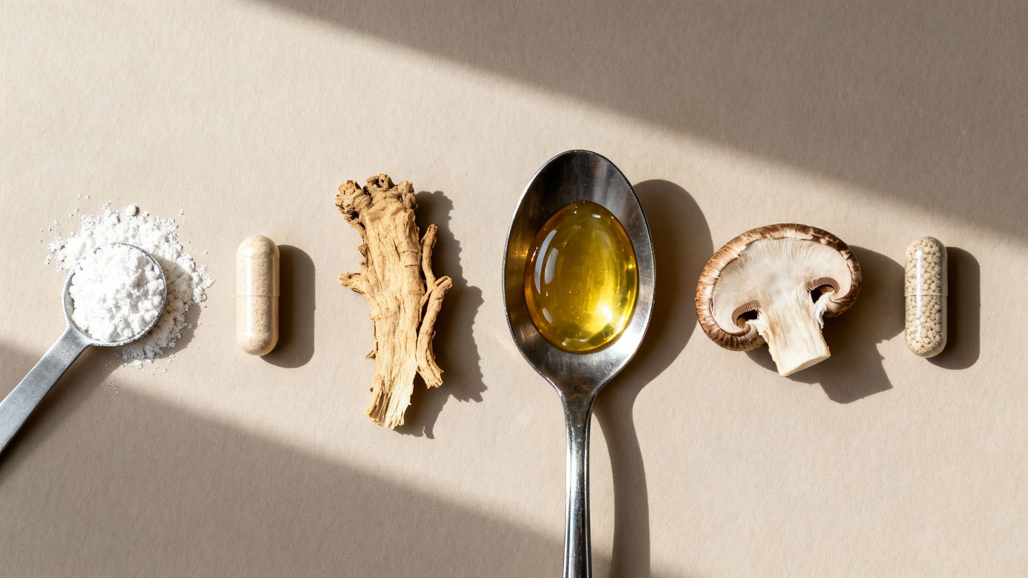 Various anti-fatigue supplements and natural ingredients like ginger, mushroom, powder, and capsules on a beige background.