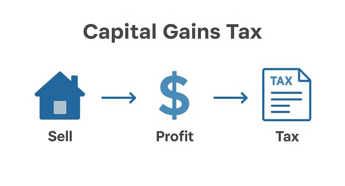 Capital gains tax process diagram showing house sale leading to profit and tax documentation
