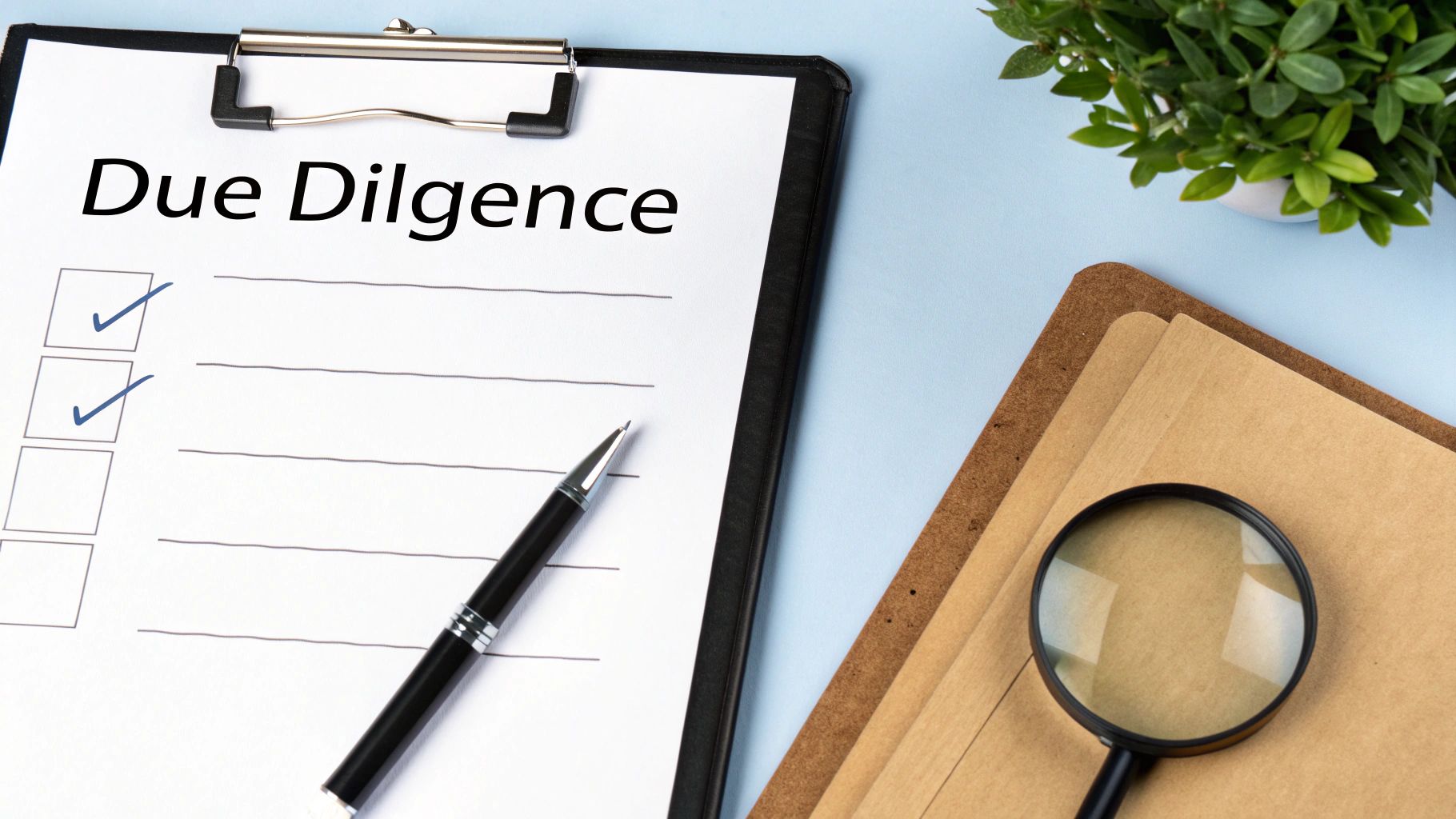 A clipboard with a 'Due Diligence' checklist, a pen, folders, and a magnifying glass on a desk.