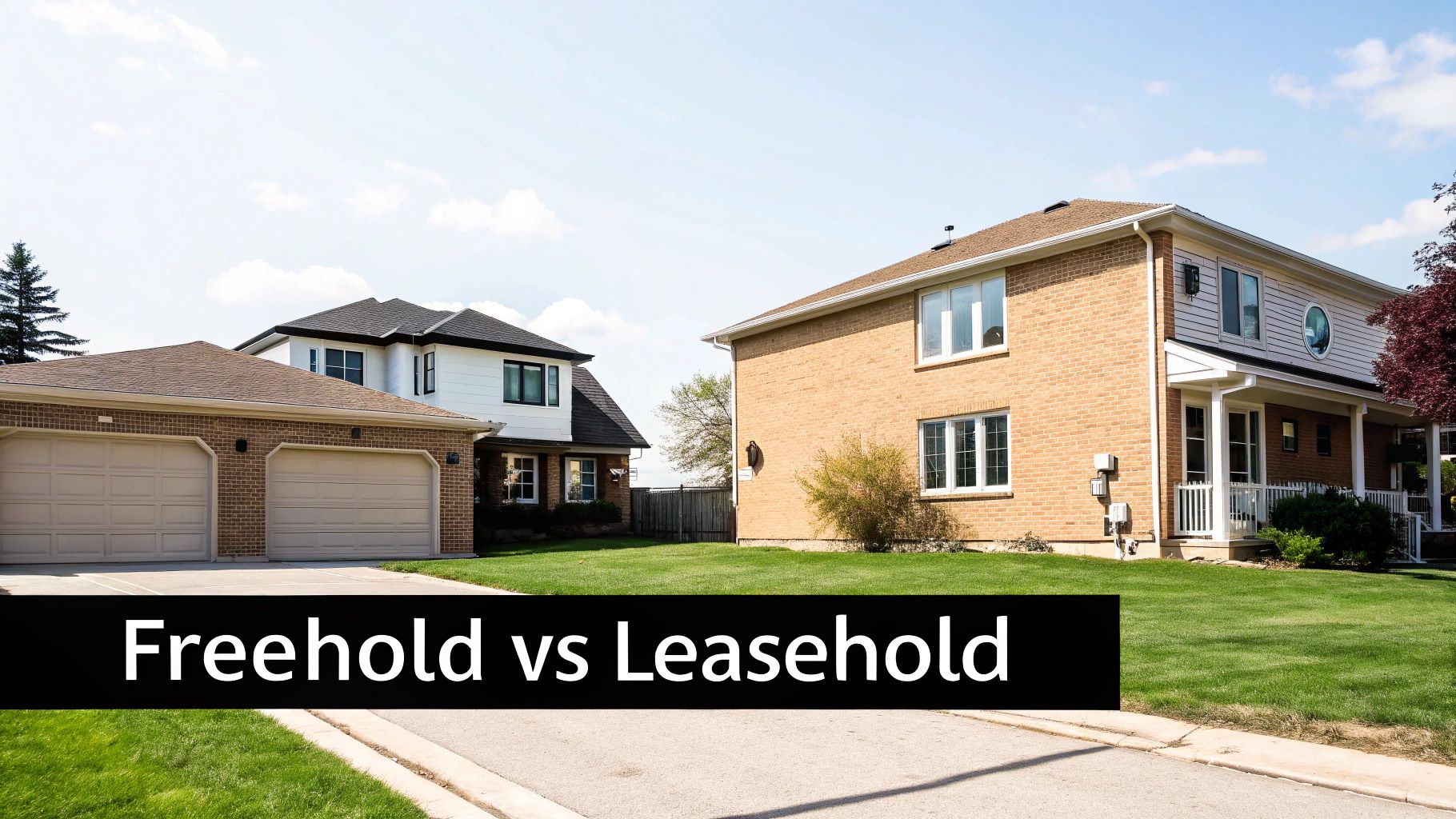 Two suburban houses with green lawns and a clear sky, illustrating the concept of freehold vs leasehold.