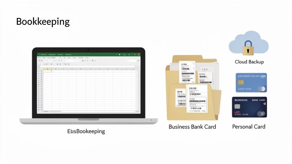 An illustration showing bookkeeping elements: a laptop with a spreadsheet, folders with receipts, bank cards, and a cloud backup icon.