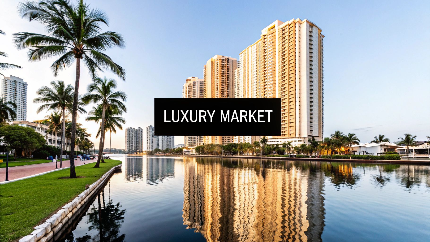 A picturesque waterfront cityscape at sunset, featuring tall residential buildings and palm trees reflected in calm water, highlighting a luxury market.