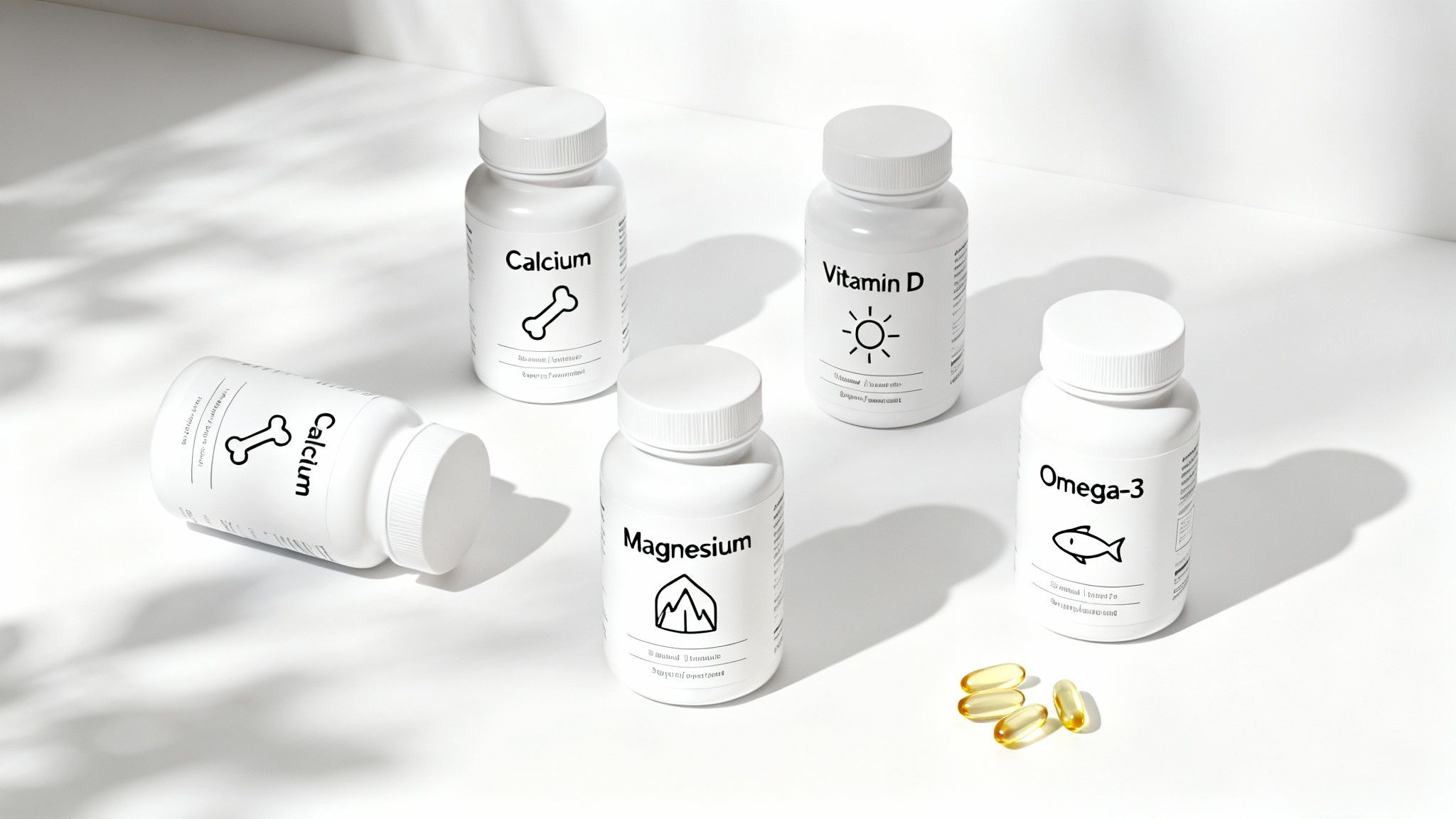 A collection of different supplements in bottles and on spoons, arranged artfully on a clean, light surface.