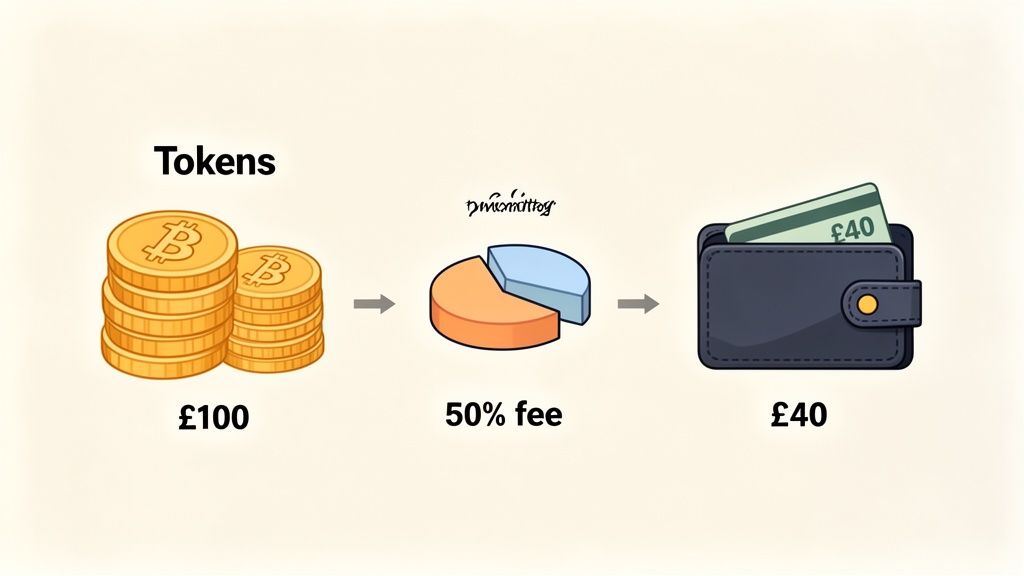 Illustration demonstrating the conversion of digital tokens worth £100, incurring a 50% fee, resulting in £40.