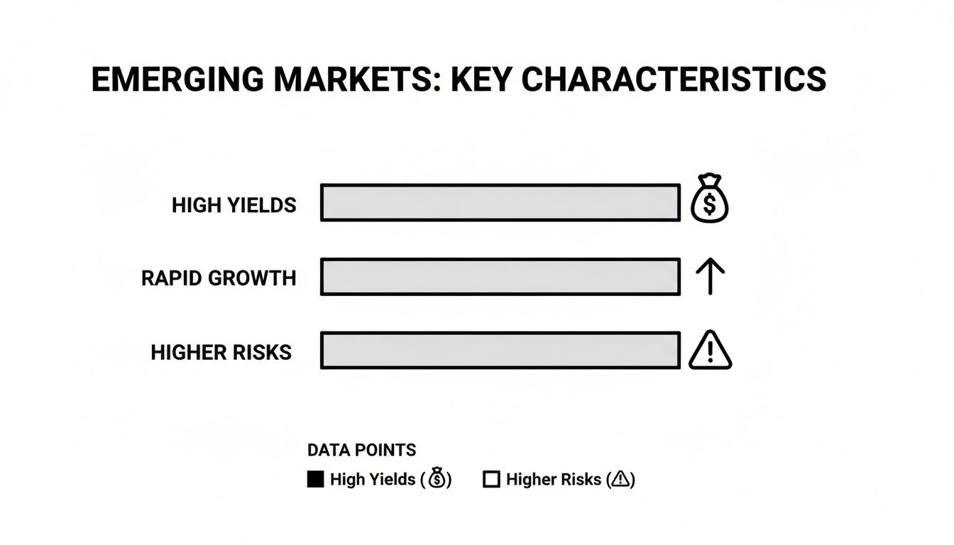A visual list detailing key characteristics of emerging markets: high yields, rapid growth, and higher risks.