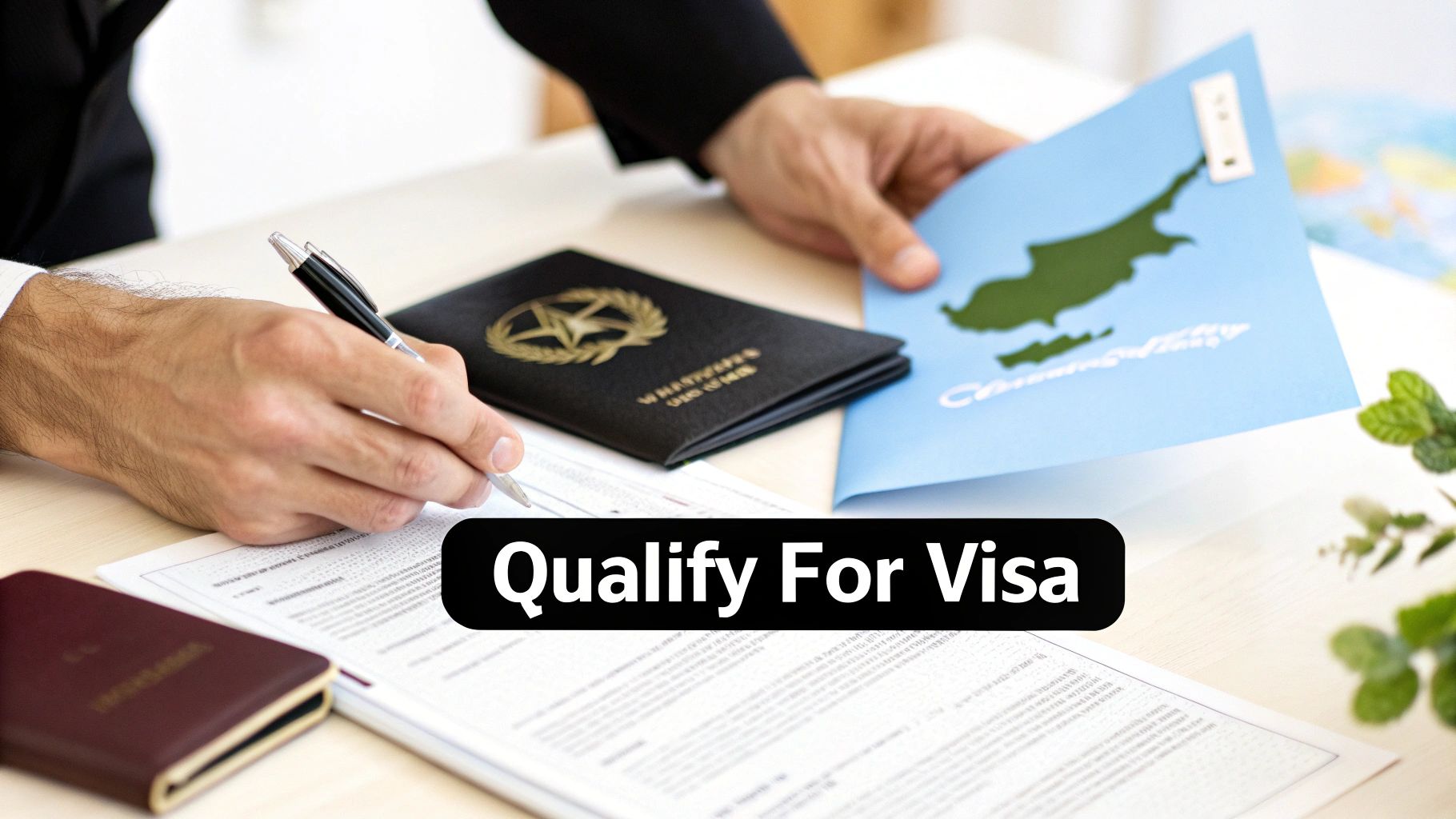 A person signs visa application documents with passports and a map of Cyprus on the table.