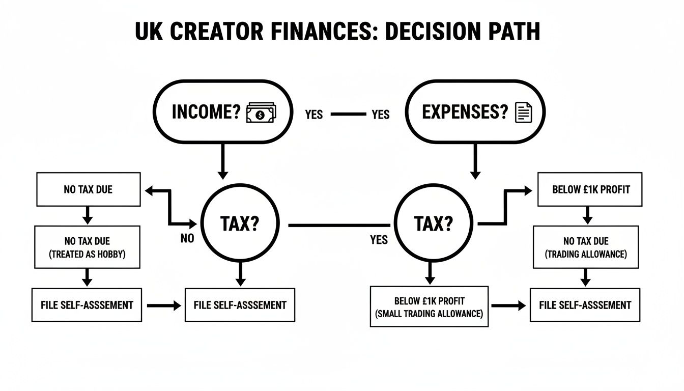Flowchart illustrating UK creator finances decision path for income, expenses, tax, and self-assessment.