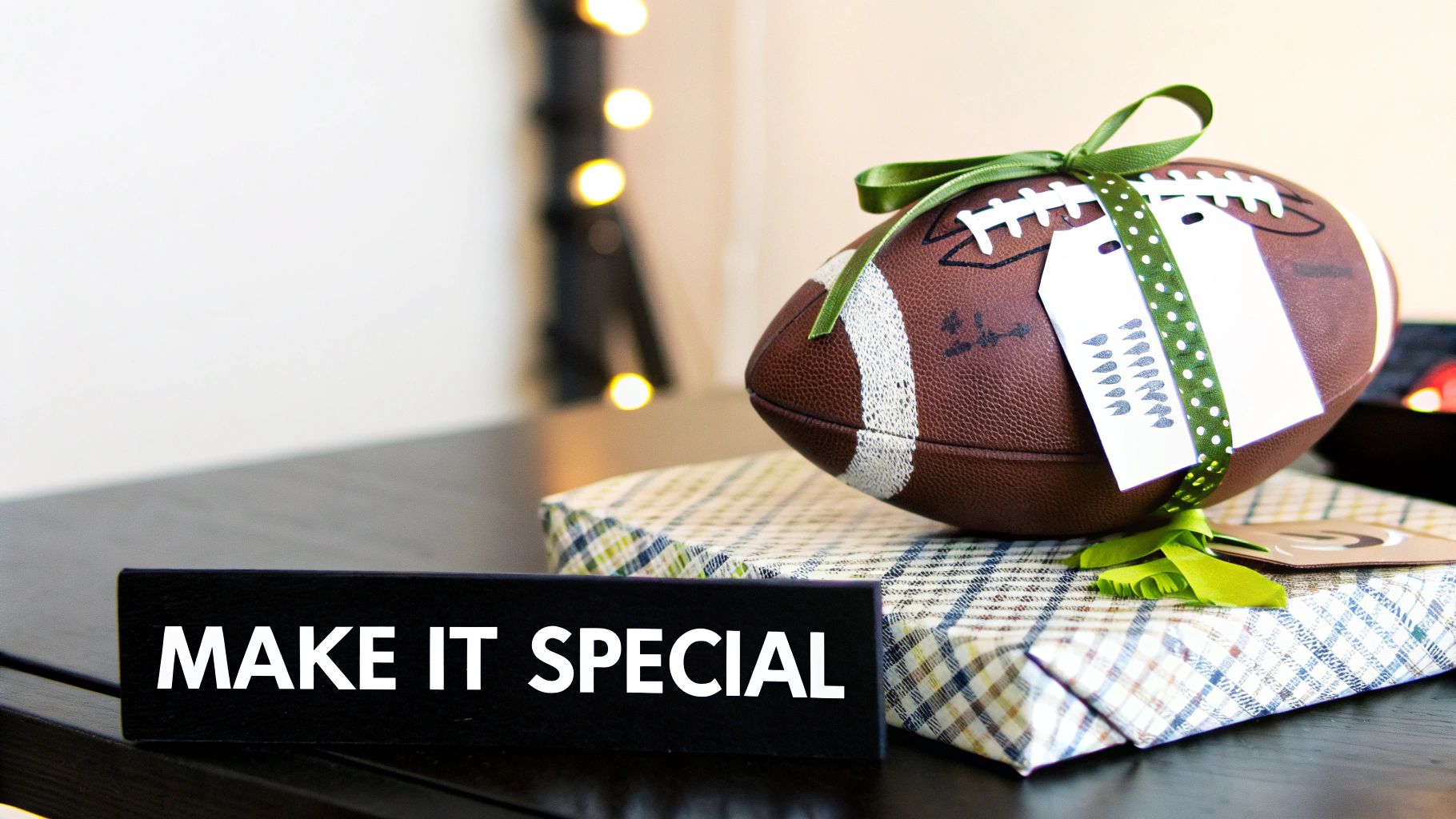 A decorative football with green ribbon and gift tags sits on a plaid gift box next to a 'MAKE IT SPECIAL' sign.