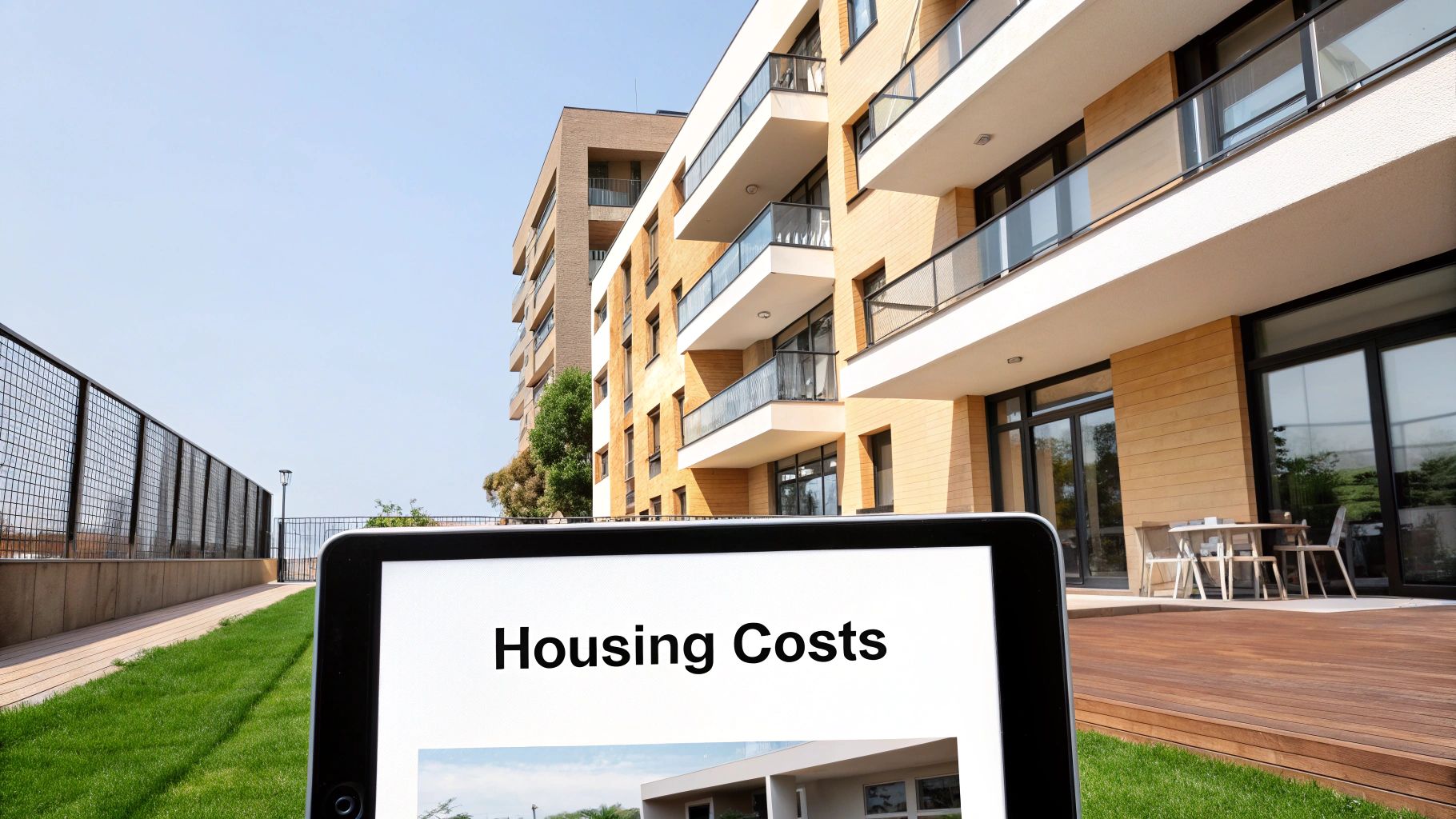 Tablet with 'Housing Costs' text in front of a modern apartment building and green lawn.
