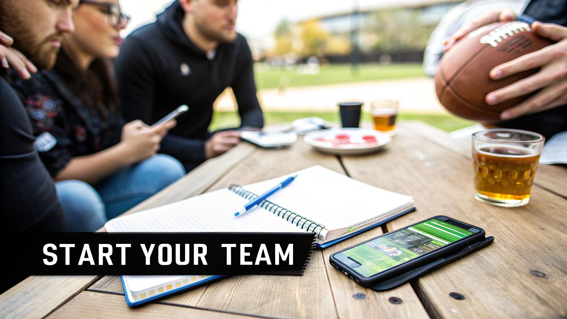 A group of friends outdoors, planning their team with a notebook, phone, and football.
