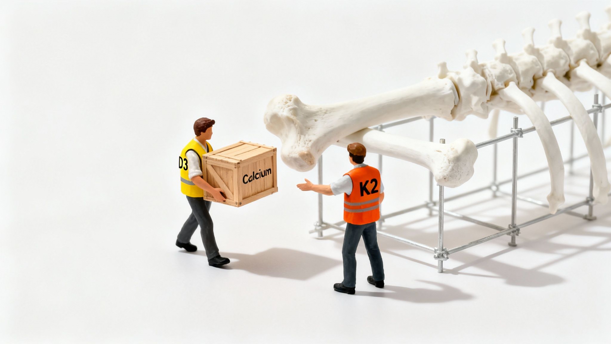 Miniature D3 and K2 workers deliver a 'Calcium' crate to a bone model on scaffolding.