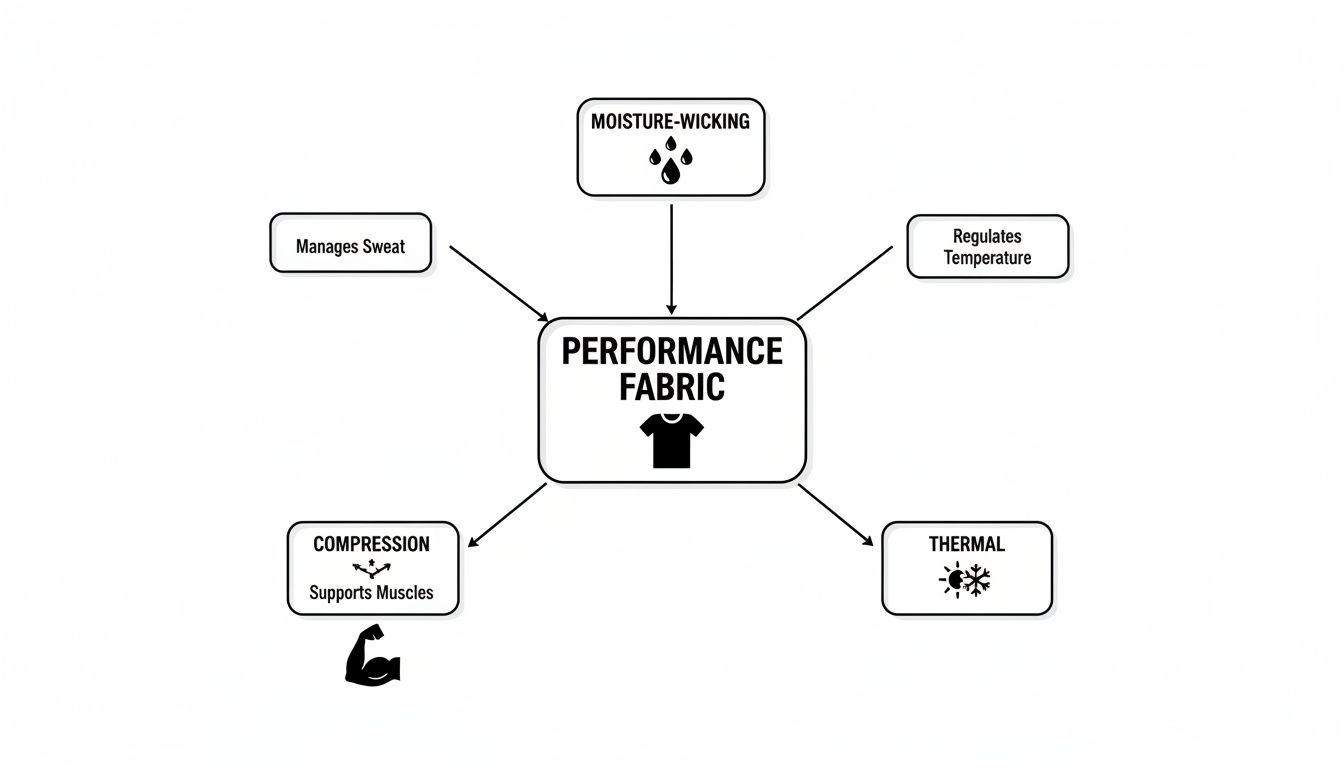 Mind map illustrating performance fabric features: moisture-wicking, sweat management, temperature regulation, thermal, and compression for muscle support.
