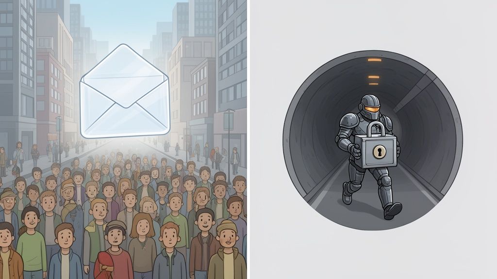 A large, transparent envelope floats above a crowd in a city, while a robot carries a locked box through a dark tunnel.