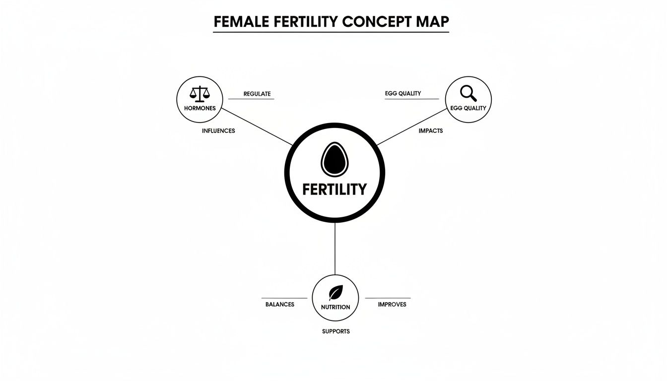 A concept map illustrating female fertility factors: hormones, egg quality, and nutrition, and their interconnections.