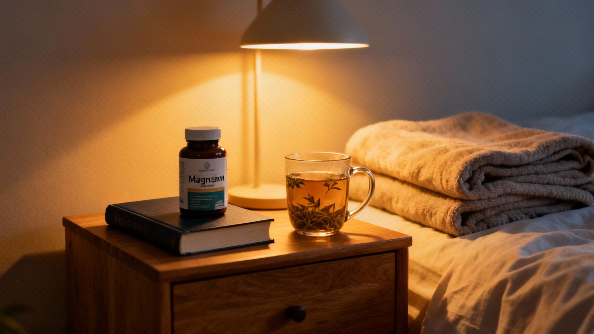 A bedside table with a magnesium bottle, a book, a cup of tea, and a lamp, suggesting a relaxing evening routine.