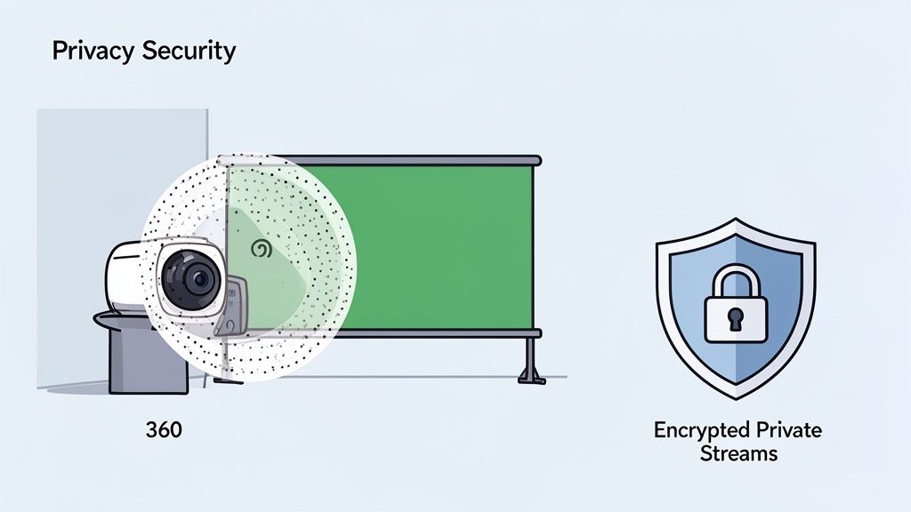 Illustration of a 360-degree security camera with privacy features and encrypted private streams.