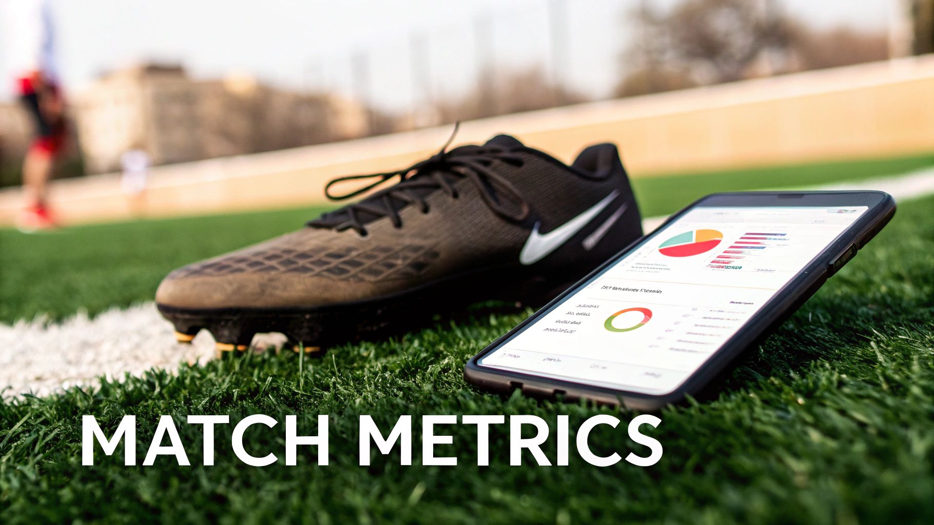 A black football cleat next to a smartphone displaying match metrics and performance data on a green turf field.
